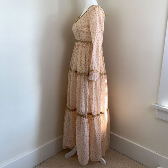 Vtg Floral Maxi Dress Ivory XS Long Sleeve Tiered Prairie Peasant Cottage 70s - Picture 4 of 16